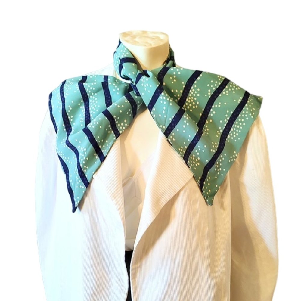 1930s True Vintage Aqua Green And Blue Striped Rayon Deco Ascot Long Scarf - Picture 3 of 9